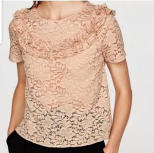 Zara XS Short Sleeved Lace Top w Ruffle Tr…